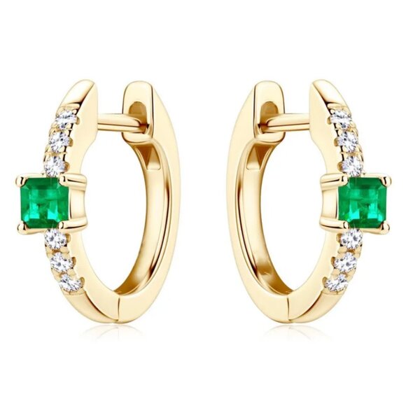 14K Gold 2ct Green Emerald 1ct Diamond Womens Huggie Hoop Gemstone Earrings NEW - Picture 4 of 6